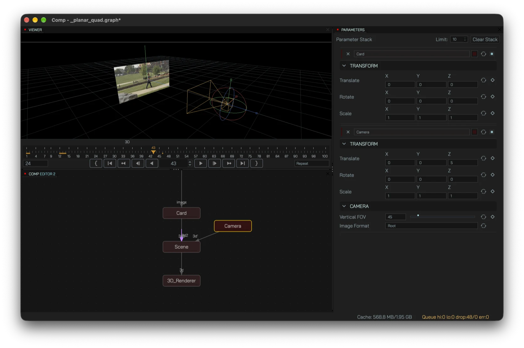 Card, Camera, Scene and 3D Renderer nodes with a perspective-correct result in the viewer