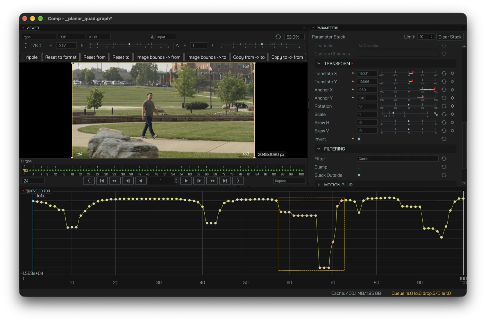 Curve editor with several animated parameters, selected keys and tangent handles