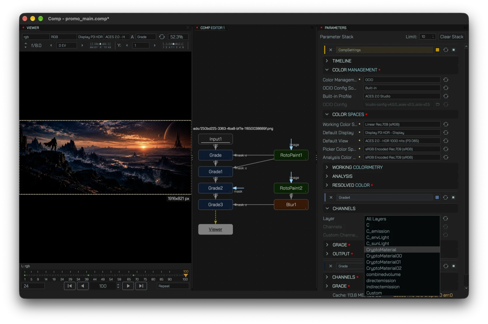EXR render with AOV layer selection, color management controls and a channel/grade node branch
