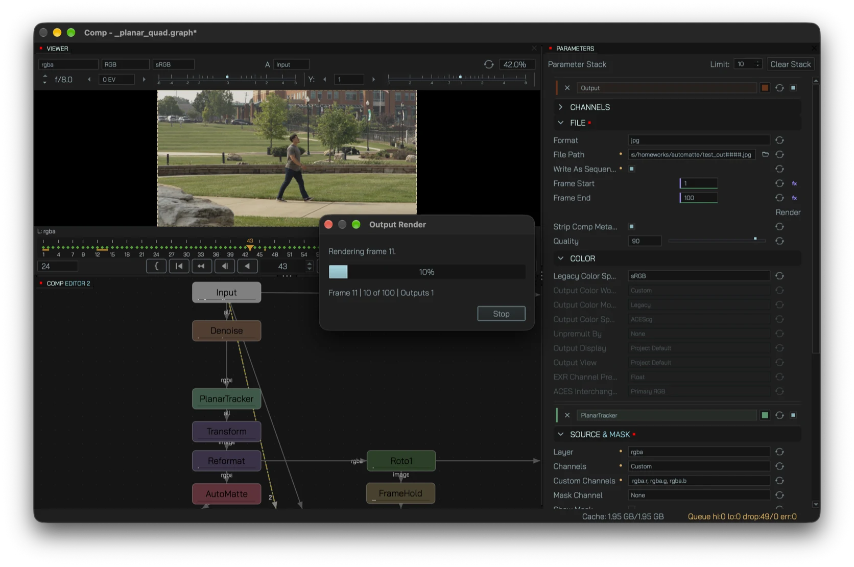 Output node with render settings and visible render progress
