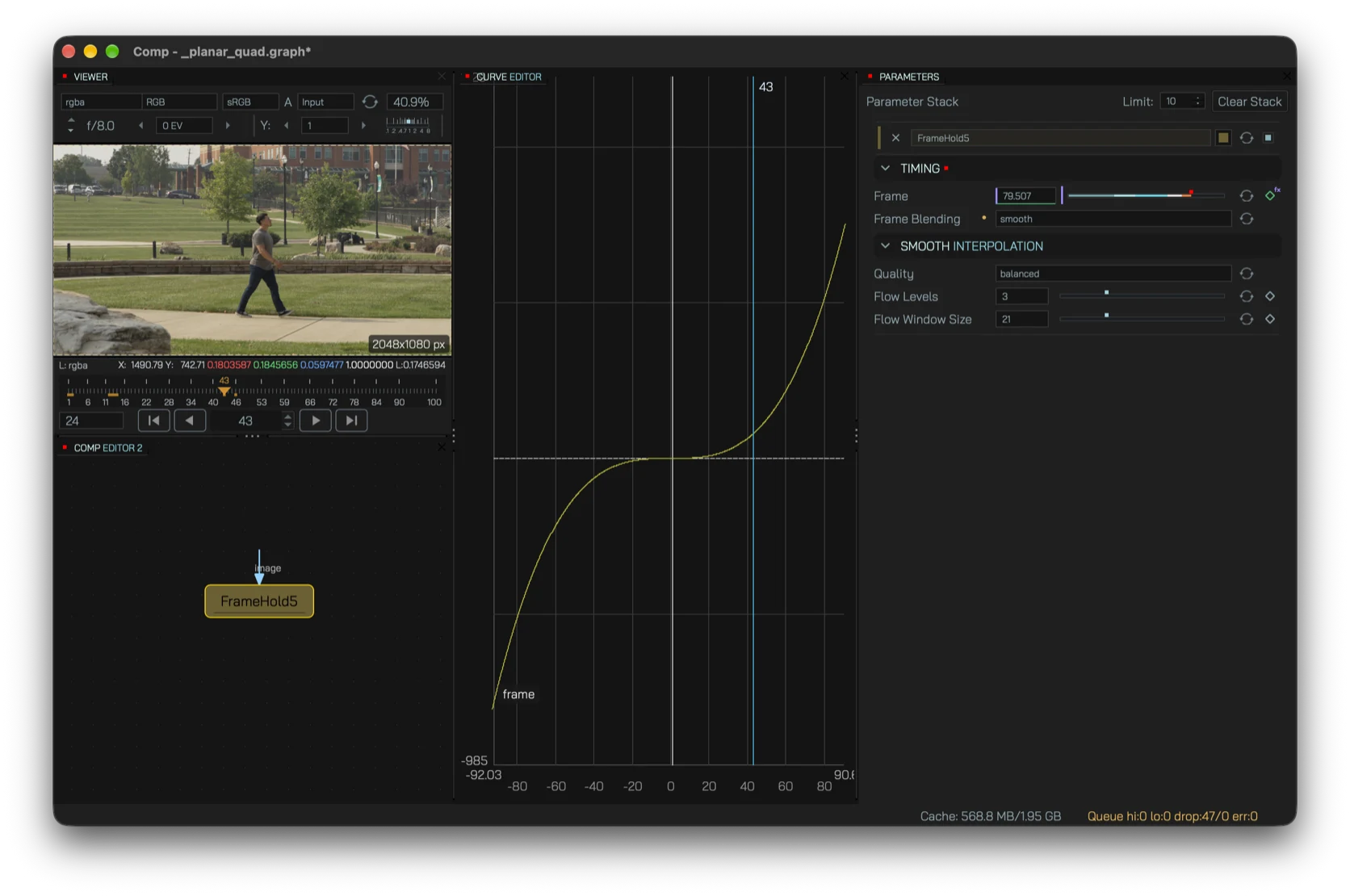 FrameHold node and retiming controls in the graph with the held frame in the viewer