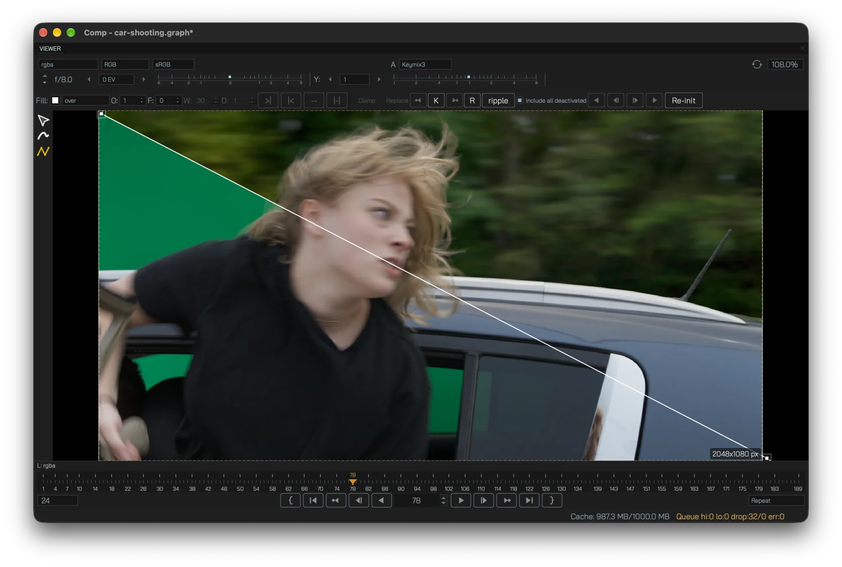 Keying graph with green screen source, matte view and cleanup nodes feeding the comp