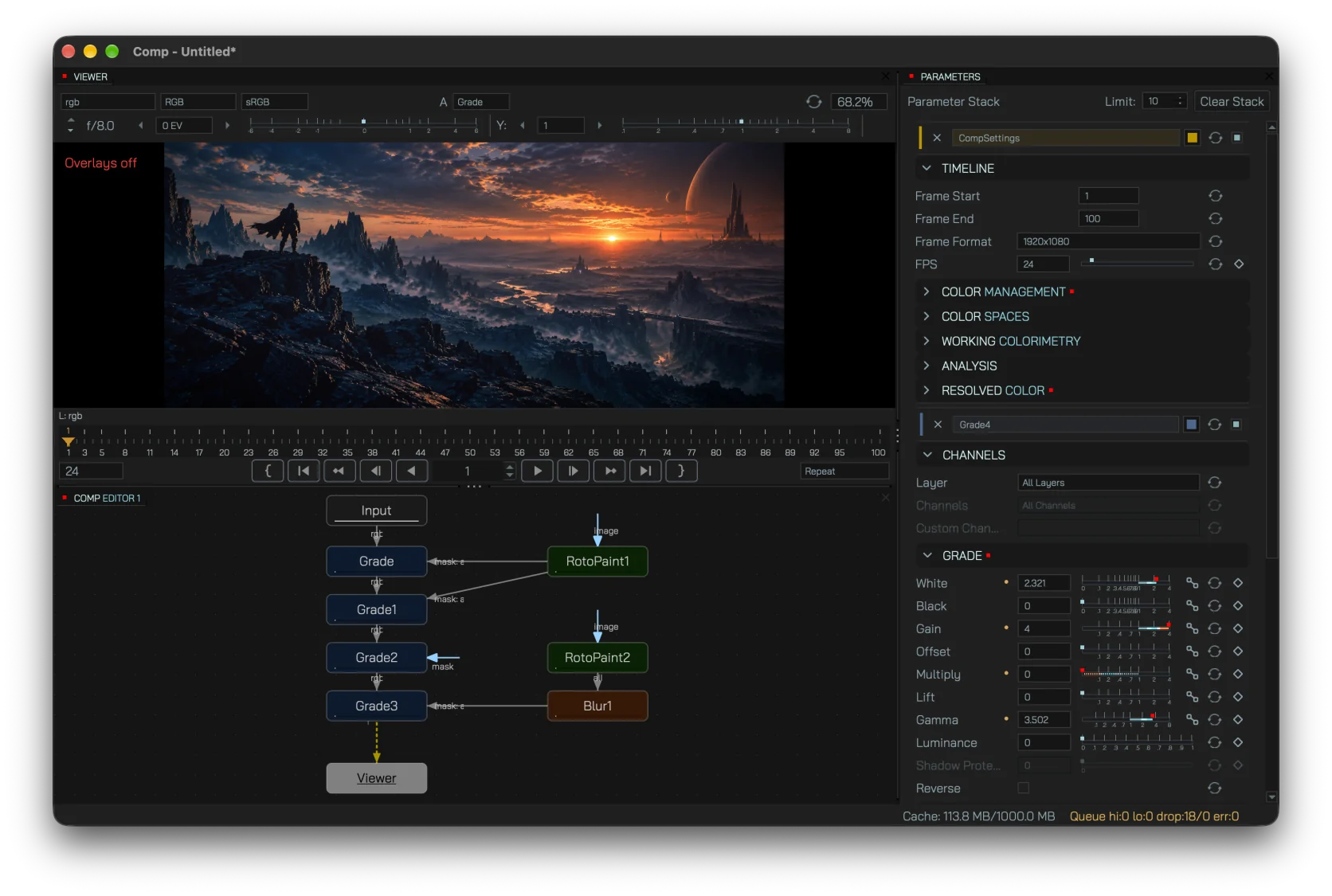 Comp workspace with viewer, node graph and parameter panels