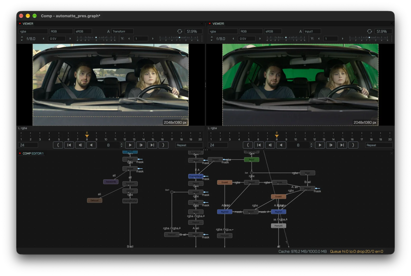 Comp node graph live beside the image viewer in one workspace