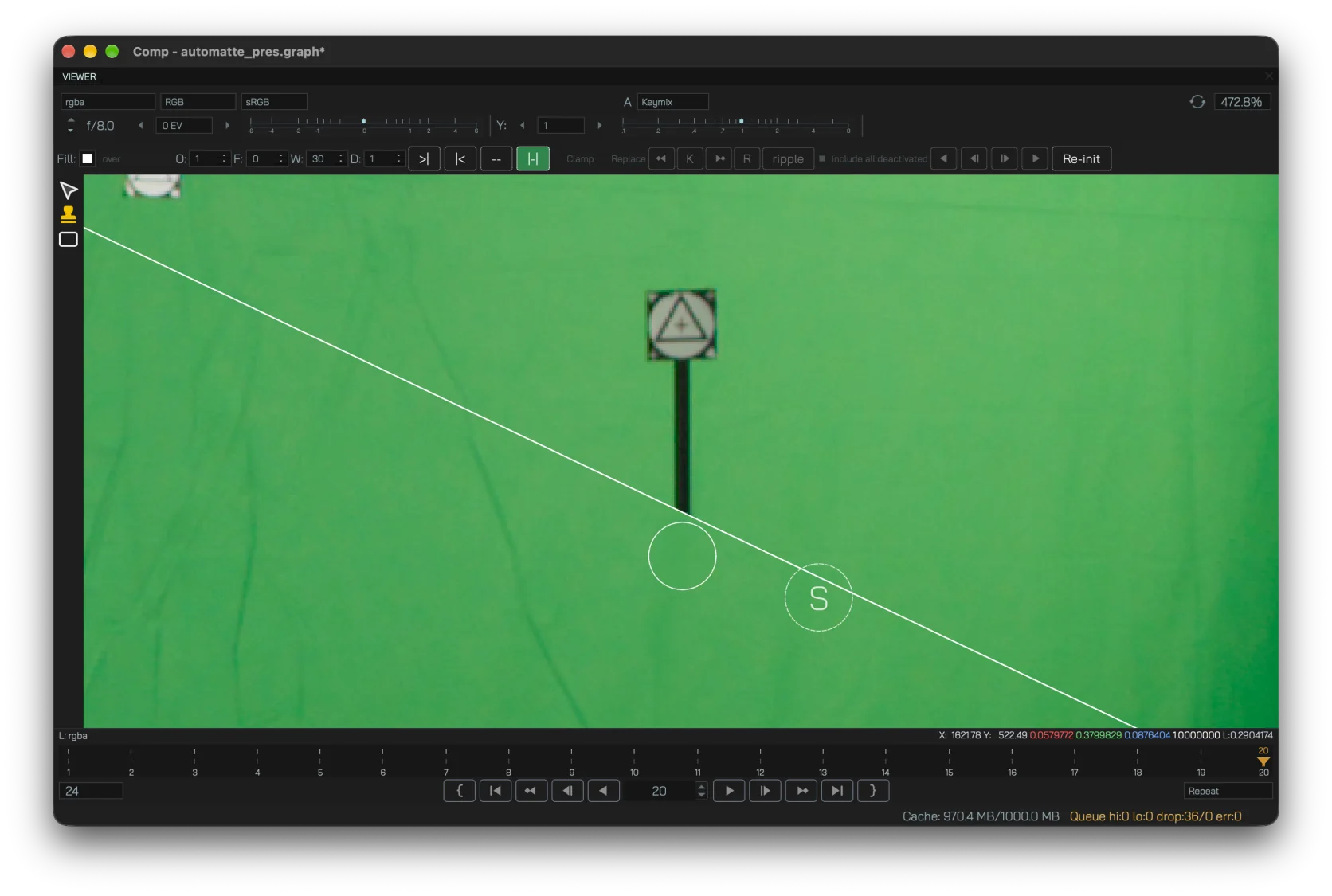 RotoPaint spline shapes with feather handles and paint strokes in the viewer